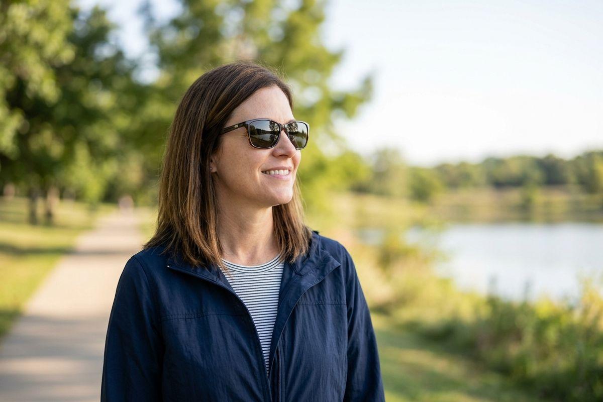 An adult wearing sunglasses and a navy jacket smiles outdoors near a lakeside park path surrounded by green trees.
