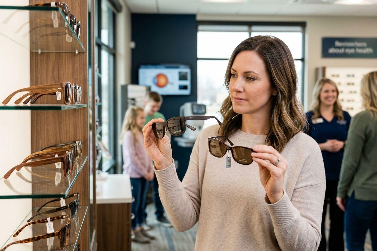 An adult compares two pairs of sunglasses in an optical shop beside a display rack. Other people and a staff member are visible in the background.