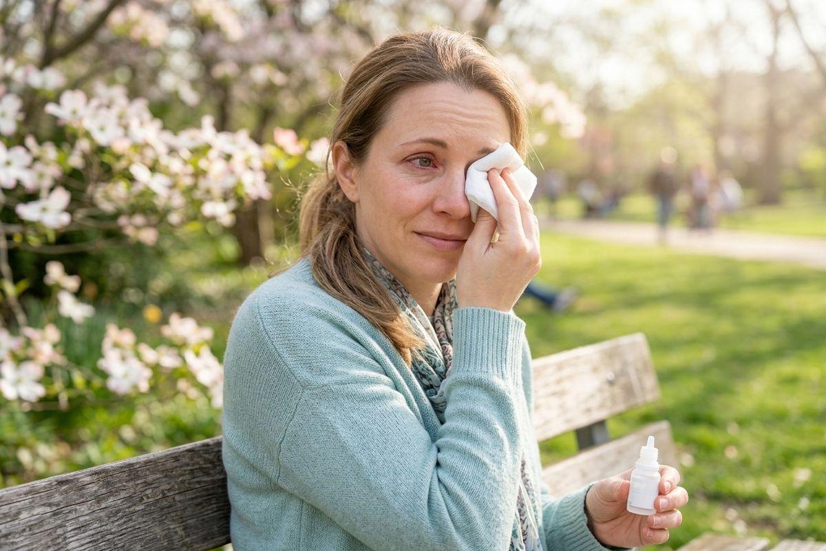 Adult sitting on a park bench, dabbing one eye with a tissue and holding a small dropper bottle, surrounded by flowering trees.