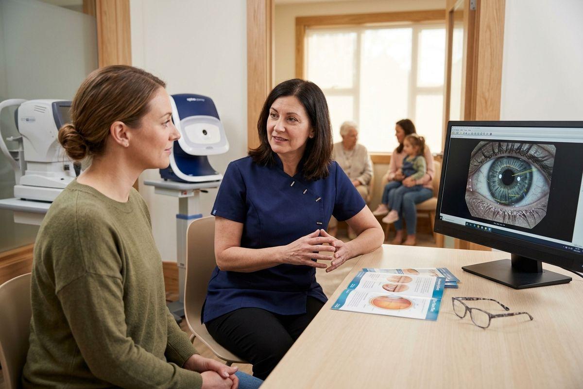 Optometrist speaking with a patient at a desk in an eye clinic, with a close-up eye scan on a monitor and diagnostic equipment nearby.