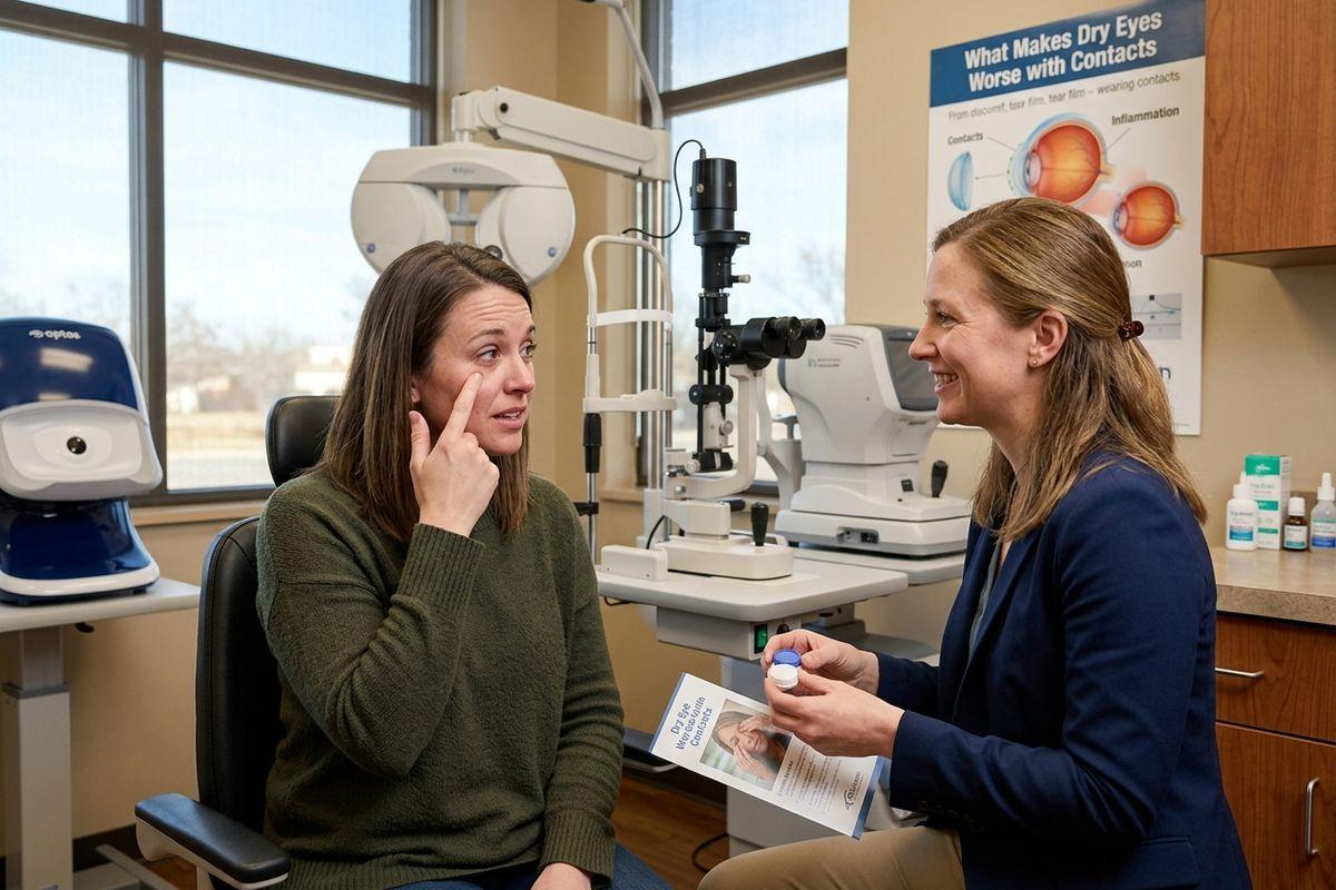 An optometrist smiling and holding a brochure consults with a seated patient, pointing to their eye in an exam room with a slit lamp.