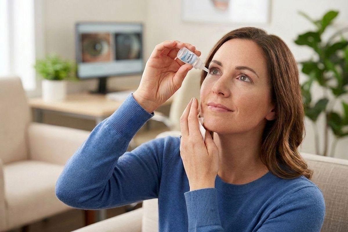 Adult applying eye drops to their eye while seated indoors, holding a small bottle up and tilting head back slightly.